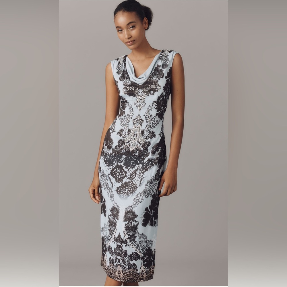 ANTHROPOLOGIE Women’s XL Cowl-Neck Low-Back Midi Dress Lined Side Zipper Jewels